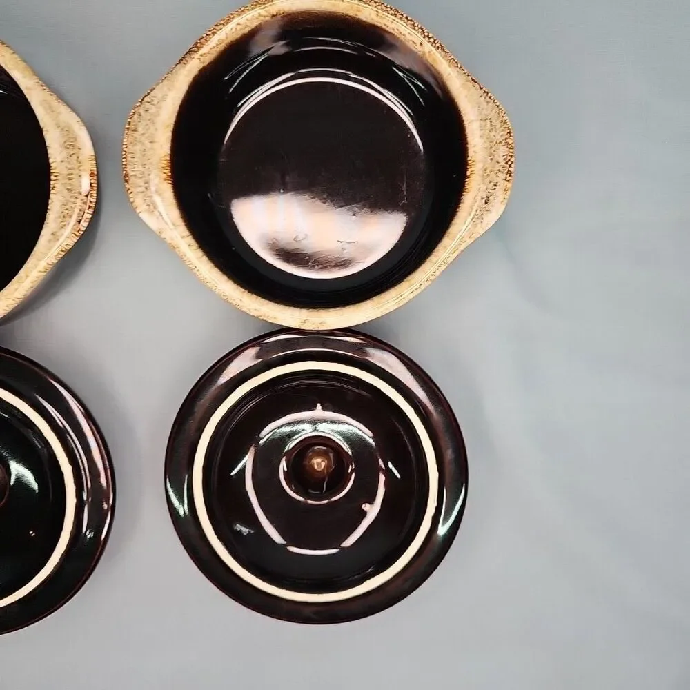 Crock Casseroles Chili Soup Bowls w/ Lids Pfaltzgraff Gourmet Brown Drip Glaze